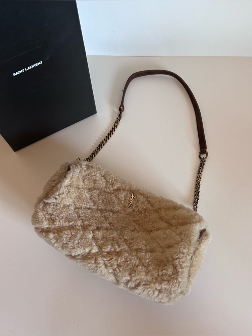 Saint Laurent Beige Shearling Shoulder Bag with Chain Strap